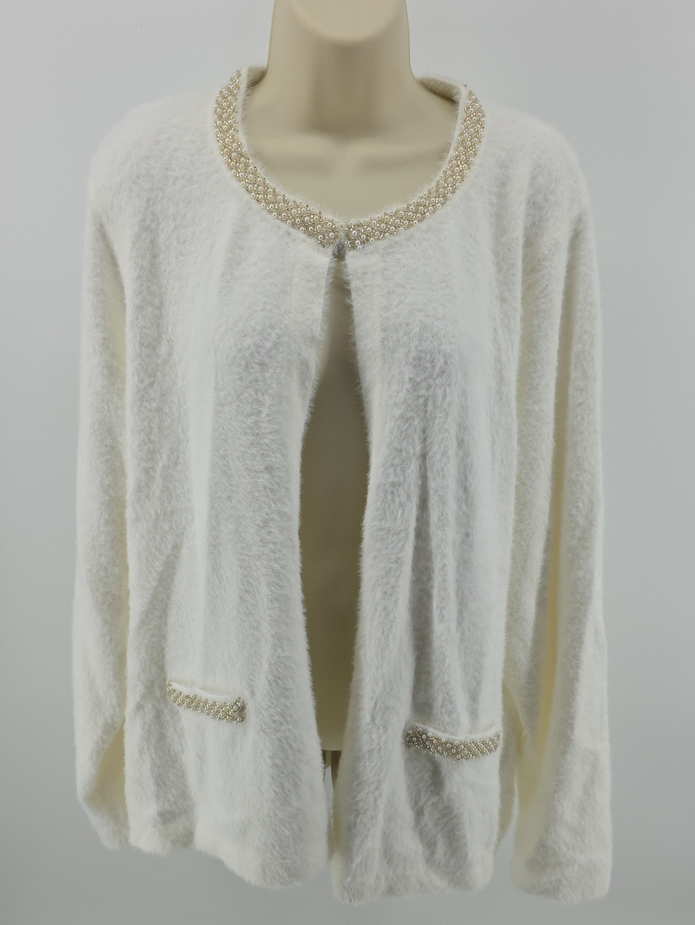 Ivory Pearl-Trim Cozy Cardigan Sweater